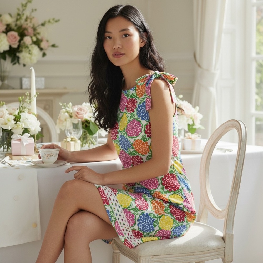 Lilly Pulitzer Floral Shift Dress Womens 10 Multi Color Cotton Eyelet Hem Tie